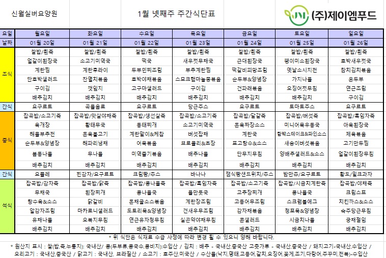 신월실버요양원 주간식단표(25.1.20~25.1.26) 1쪽