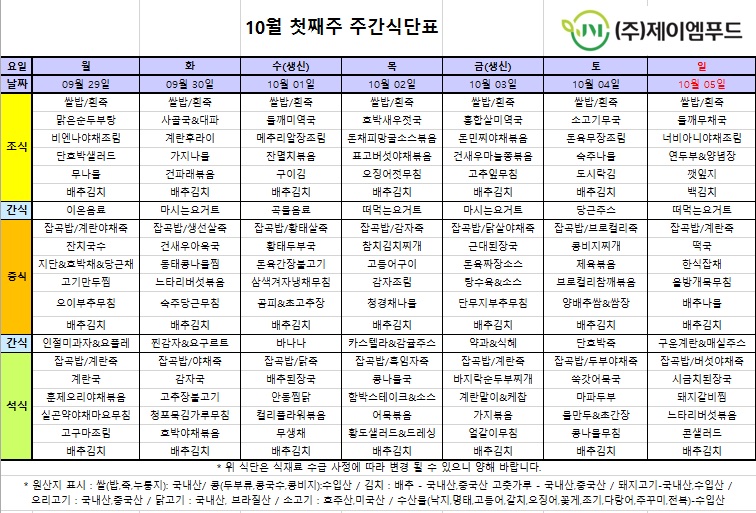 신월실버요양원 주간식단표(25.09.29~25.10.05) 1쪽