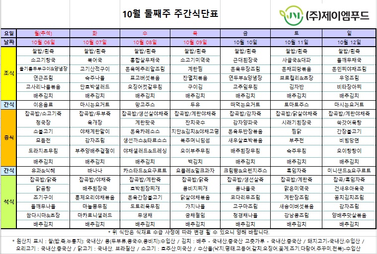 신월실버요양원 주간식단표(25.10.06~25.10.12) 1쪽