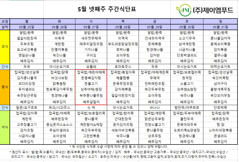 신월실버요양원 주간식단표(2026.05.25~2026.05.31) 1쪽